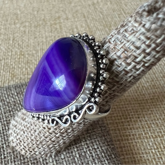 New Purple Agate Stone Crystal Silver Overlay Ring 7 - Picture 2 of 9
